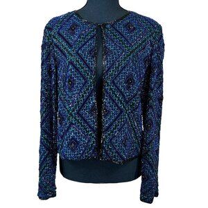 Vintage Stenay Teal Purple Black Beaded Cocktail Silk Jacket Size M